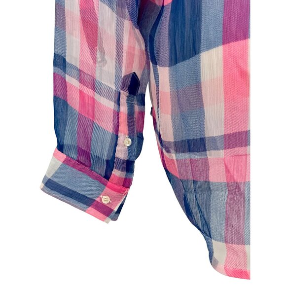 Hollister 2016 Pink & Blue Sheer Plaid Button-Up & Roll Cuffs Casual Relaxed Top - Picture 10 of 13